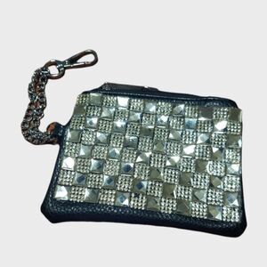 BLACK leather and rhinestone coin purse. Wristlet
